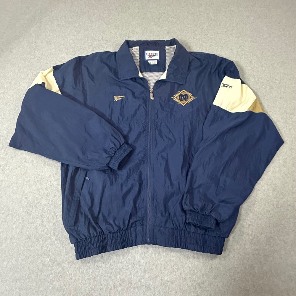 Vintage 90's Reebok Notre Dame Fighting Irish Windbreaker Jacket Blue Mens Large